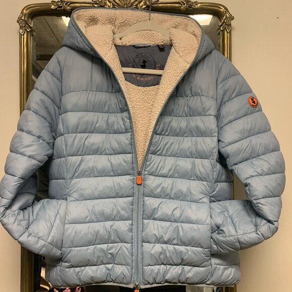 Save the Duck Light Blue Faux-Shearling Lined Puffer Jacket - Picture 1 of 3